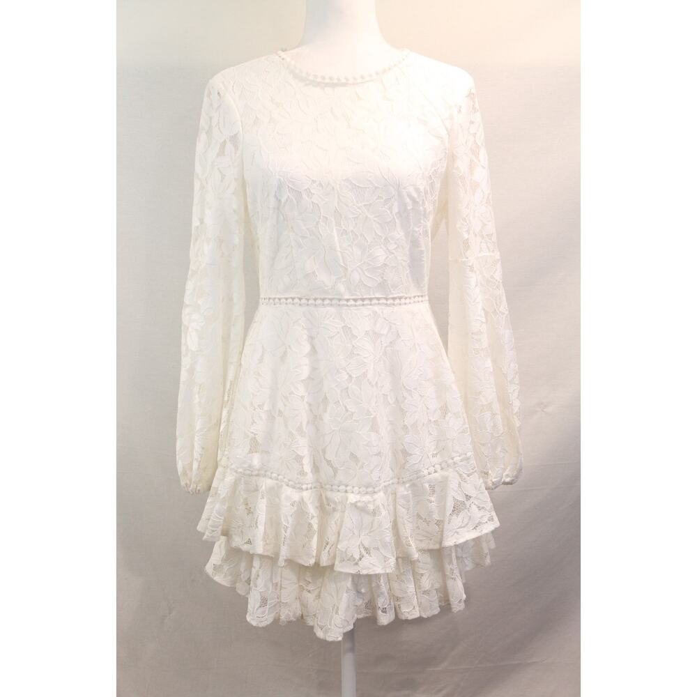 Saints + Secrets Floral Tiered Lace Bridal Mini Dress Womens M White Open Back